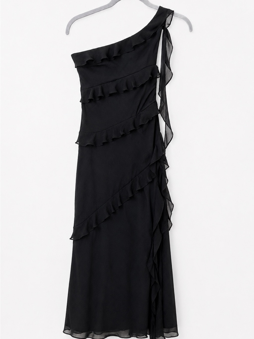 NWT PrettyLittleThing Tall Black One Shoulder Ruffle Maxi Dress Formal Evening - Picture 6 of 13